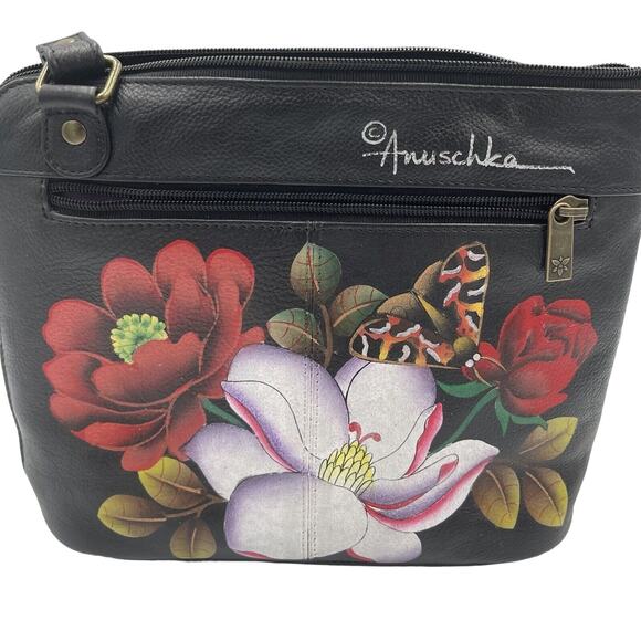 Anuschka Hand Painted Leather Top to Side Zip Crossbody Bag-Dreamy Blossoms-NWT - Picture 1 of 13